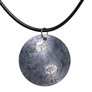 Handmade stamped celestial mandala silver adjustable Black leather cord necklace